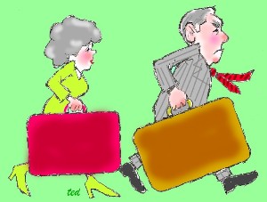 Cartoon of people with suitcases